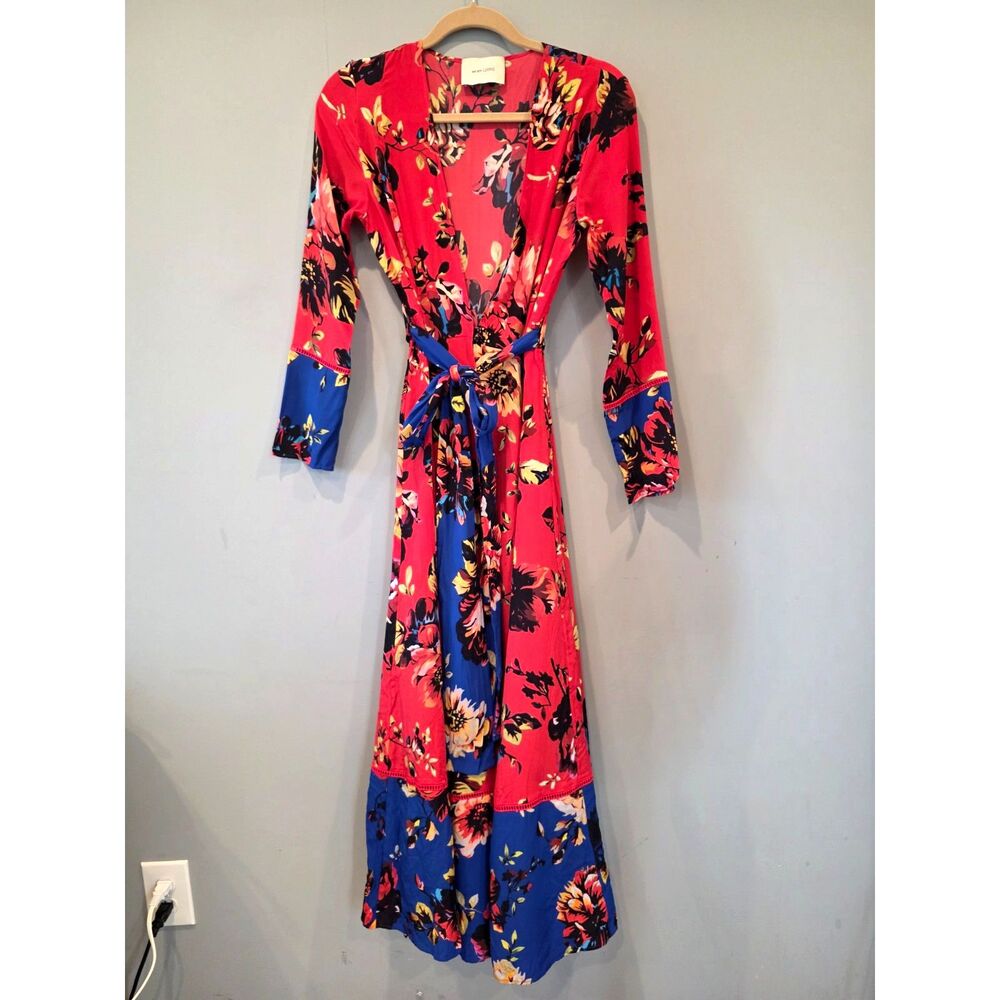 We Are Leone Red Peony 100% Silk Crepe Kimono Maxi Wrap Dress Robe Duster S Sm